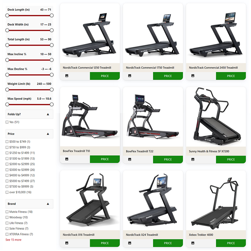 GymGearFinder spec filters narrowing treadmill results